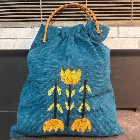 Handbags - Vintage Unique Teal Embroidered Tote Bag Bamboo Handles Boho Style‎
